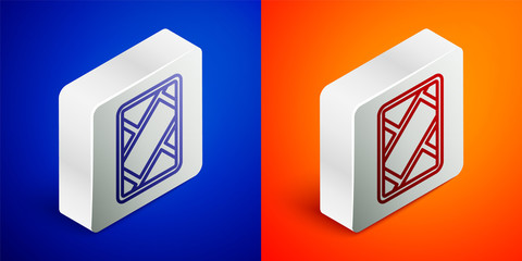 Isometric line Gps device with map icon isolated on blue and orange background. Silver square button. Vector Illustration