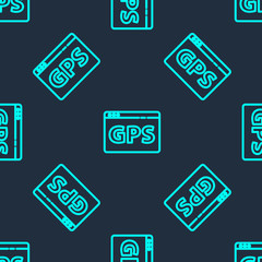Green line Gps device with map icon isolated seamless pattern on blue background. Vector Illustration