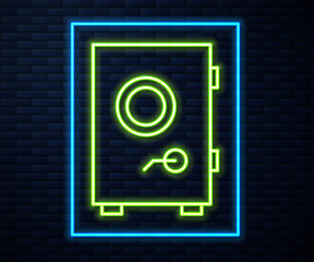 Glowing neon line Safe icon isolated on brick wall background. The door safe a bank vault with a combination lock. Reliable Data Protection. Vector Illustration