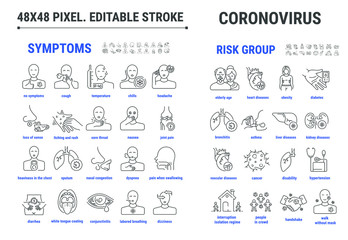 Set vector line, outline design icons. Coronavirus,  viral pneumonia, disease symptoms, people in risk group. Symptoms and conditions at risk. Editable stroke. 48x48 pixel. Symbol, Sign