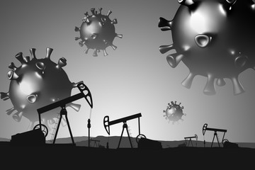 Covid-19. Oil industry collapse concept.
3d models of coronaviruses fly over the oil field.