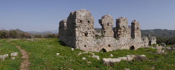 Panoramic view of the Aspendos, ancient city near Antalya, Southern Turkey.