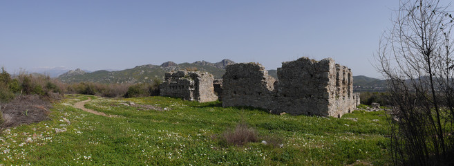 Panoramic view of the Aspendos, ancient city near Antalya, Southern Turkey.