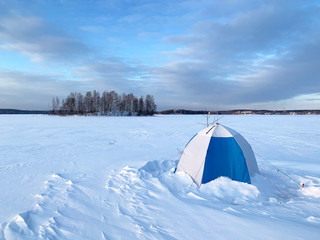 Fisherman's tent on lake Uvildy in winter, Russia, Chelyabinsk region