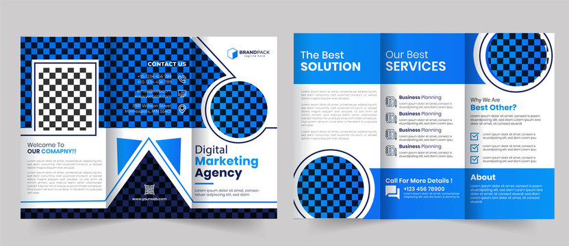Tri-fold vector brochure template with blue rectangular elements for headers.Business Brochure Template in Tri Fold Layout. Corporate Design Leaflet .