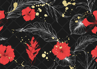 Seamless pattern with red tropical flowers and golden splashes