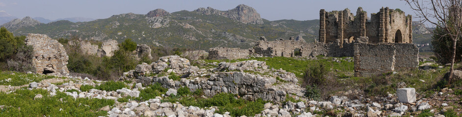 Fototapeta na wymiar Panoramic view of the Aspendos, ancient city near Antalya, Southern Turkey.