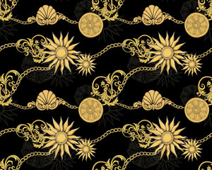 Obraz na płótnie Canvas Gold chains, sun and baroque leaves on a black background. Vector seamless pattern. 