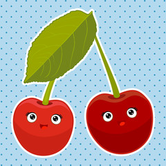 Ripe juicy garden cherry with kawaii face. Coloring, sticker, postcard, scrapbooking, products for children. Vector illustration