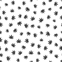 Cannabis seamless pattern. Marijuana leaf, black weed plant. Hashish texture, isolated white background. Hemp psychedelic grass. Fabric print for medical wallpaper. Simple design Vector illustration
