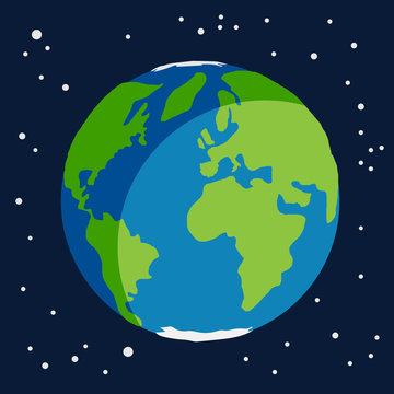 Earth planet earth globe with green continents, seas, oceans and poles surrounded by stars in space