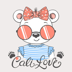 Cute bear girl face with sunglasses, footprint. Cali Love slogan. Illustration for t-shirt prints, posters and other uses.