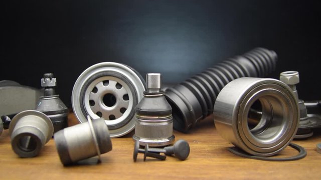 Set of car parts for maintenance. Tracking and slow motion