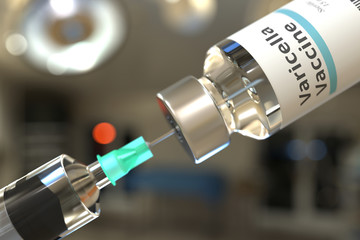 Vial with varicella vaccine and needle of a syringe. 3D rendering