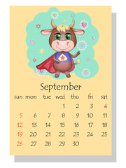 Calendar 2021. The bull is a symbol of the new year, Cartoon cow. Chinese horoscope calendar. Week starts on Sunday.