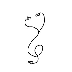 Headphones with wire isolated o nwhite background. Vector simple hand drawn illustration in doodle cartoon style. Concept of listening music, online communication, video conferences.
