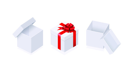 Isometric design. Vector illustration. Concept 3d graphics on a white background. Set of white boxes with a red ribbon. Gift box. Element, icon for web design infographics, sites and game.