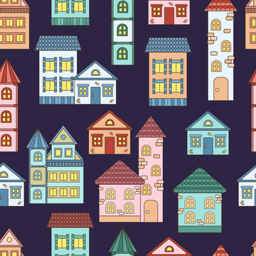 Seamless pattern of houses with luminous windows on a dark night background