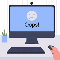 Template for an error page illustration.Page not found.Concept illustration for 404 error.Computer with oops page.A person who cannot load a website or web page.Flat vector colorful illustration.