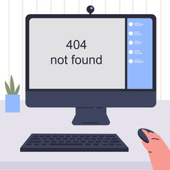 Template for an error page illustration.Page not found.Concept illustration for 404 error.Computer with error page.A person who cannot load a website or web page.Flat vector colorful illustration.