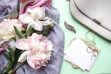 postcard mockup. romantic composition of pink peonies