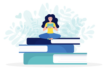 Tiny woman reading book, sitting on stack of giant books. Concept of book festival, letirature event or self-education. Flat vector illustration for book store or library