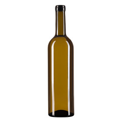 Empty glass bottle for wine or champagne, on a white isolated background. Square frame