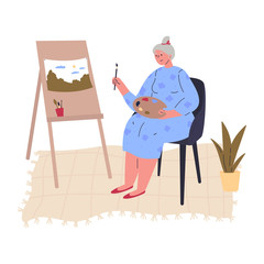  Aged creative woman in blue shirt is drawing a picture at easel with paintbrush.Professional artist.Work at home as freelancer or hobby.Hand drawn style vector flat illustrations.Colorful character