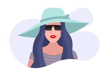 Woman in hat. Female in sun glasses and green hat. Flet style vector illustration isolated on white bacckground.