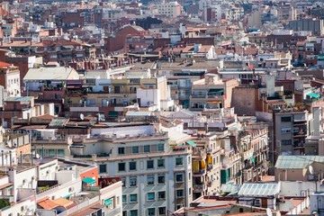 close up shots of various colourful houses roofs of Barcelona in a beautiful sunny day from high point of view