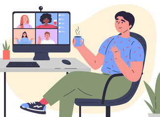 Video conference illustration.Man chats with friends online.Workplace,computer screen,group of people talking by internet.Web chatting,online meeting friends.Coronavirus, quarantine isolation.Vector
