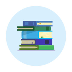 illustration of a stack of books in blue circle. blue and green books. logo for bookstore, library