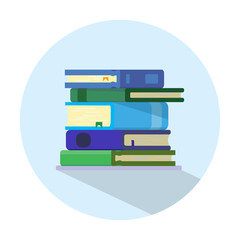 illustration of a stack of books with sheadow in blue circle. blue and green books. logo for bookstore, library