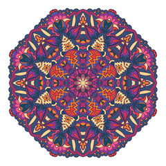 Indian floral paisley ornament. Ethnic Mandala flower print. Vector Henna tattoo style. Festive colorful design element isolated