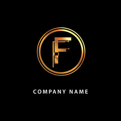 Letter F monogram, business logo. Vector golden isolated icon on a black background.
