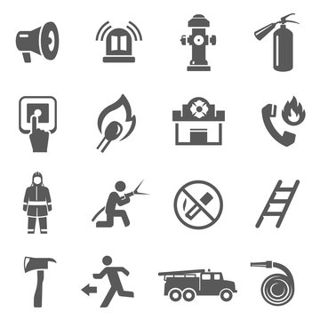 Fire fighting icon set, firefighter job and professional equipment