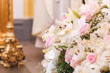 Beautiful bouquet with pink roses and white lilies