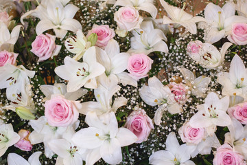Beautiful bouquet with pink roses and white lilies