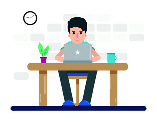 Business man working character with laptop computer on desk. freelance job concept. Illustration vector people flat design.