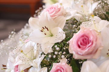 Beautiful bouquet with pink roses and white lilies