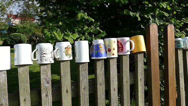 lots of mugs and cups stuck upside down on the fence