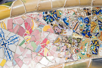 Close up photos of benches made of broken ceramic pieces in the Gaudi Park in Barcelona Spain by Gaudi