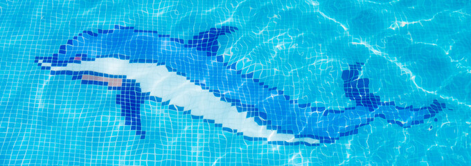Delfín en el fondo de una piscina.Olas. Waves. Gres. Water. Dolphin. © Cristian