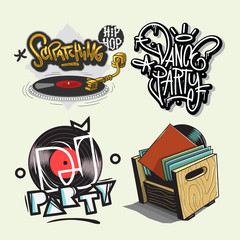 Dj Party  Hand Lettering  Vector Illustrations Set Designs.