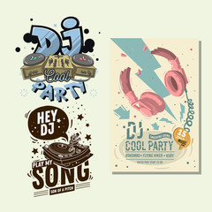 Dj Party  Hand Lettering  Vector Illustrations Set Designs.