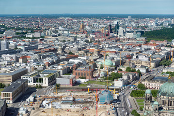 City views of Berlin from a tower in the center of the city during a sunny day in the summer. Districts of Berlin.