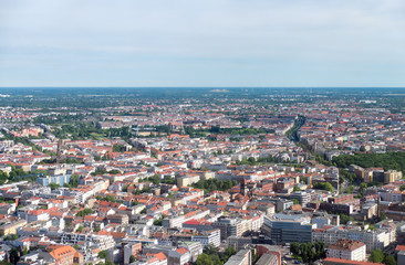 City views of Berlin from a tower in the center of the city during a sunny day in the summer. Districts of Berlin.