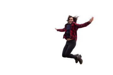 Happy and Excited Girl Jumping with Joy. Isolated on White Background.