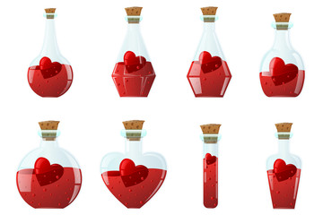 Elixir of love. Set of small glass bottles of different shapes, inside with a red heart.