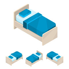 Single bed. Small new isometric blue furniture with bedding and pillows. Wooden frame.